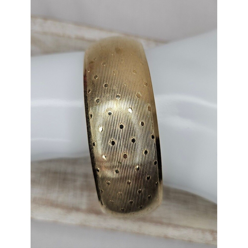 Vintage Gold Tone Domed Textured Bangle Cuff Bracelet 2.68” Inner Diameter